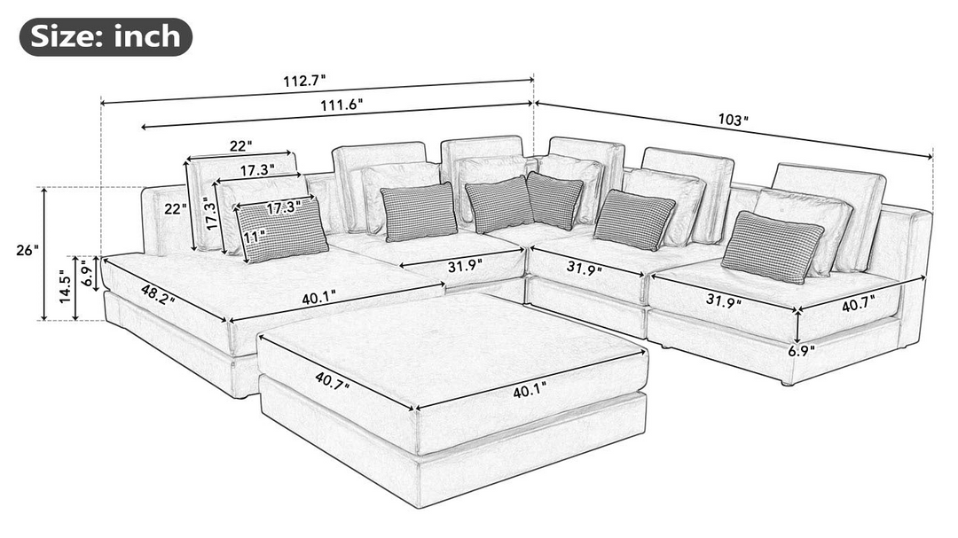 Boho Aesthetic Large Modular Sectional Sofa Corner Sofa Chaise Lounge with Movable Ottoman for Living Room, Black | Biophilic Design Airbnb Decor Furniture 