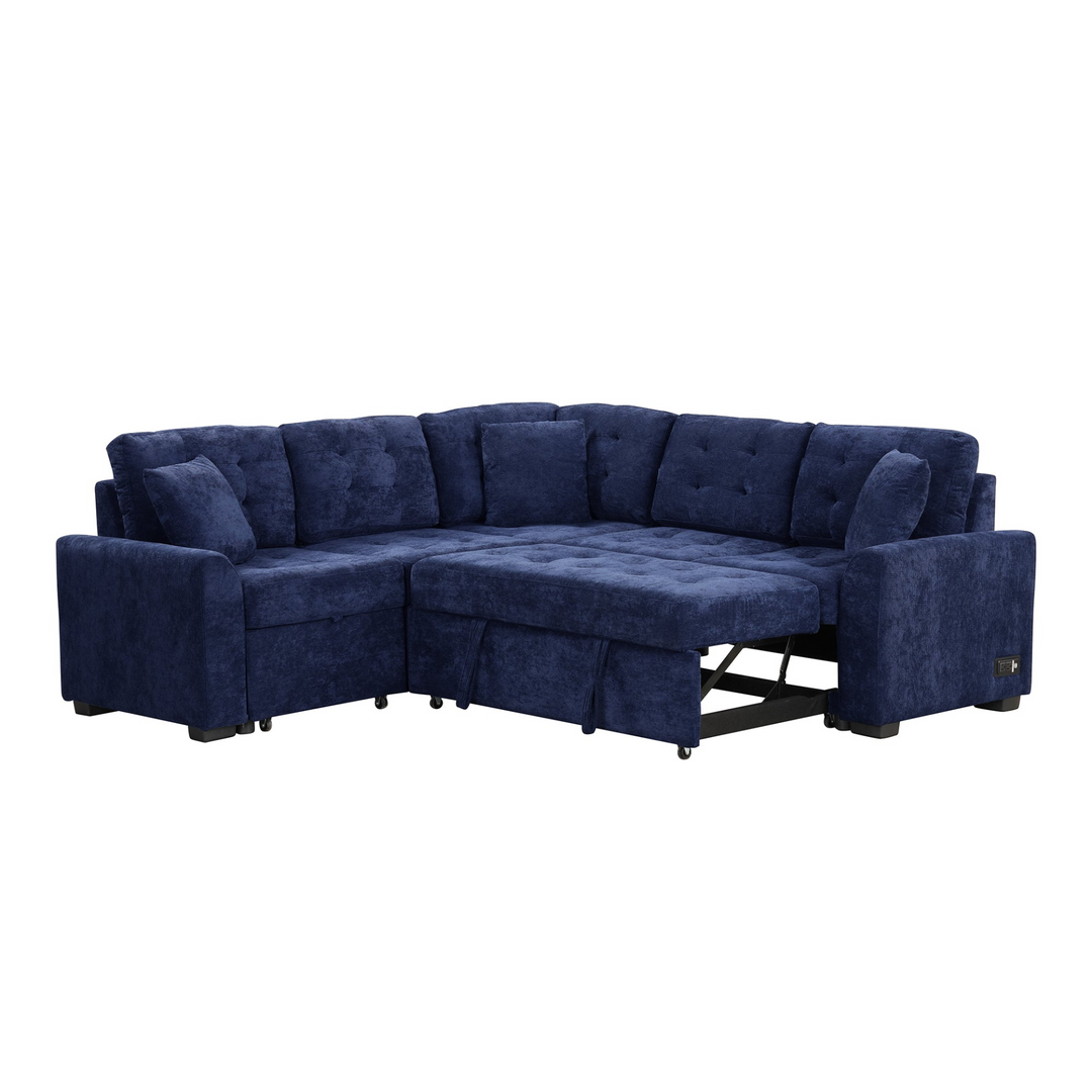 Boho Aesthetic Blue L-shape Sofa Bed Pull-out Sleeper Sofa with Wheels | Biophilic Design Airbnb Decor Furniture 