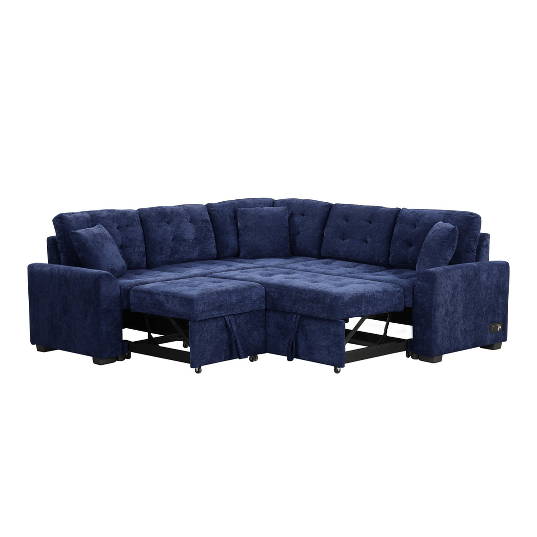 Boho Aesthetic 82.6" L-shape Sofa Bed Pull-out Sleeper Sofa with Wheels, USB Ports, Power Sockets for Living Room, Navy Blue | Biophilic Design Airbnb Decor Furniture 