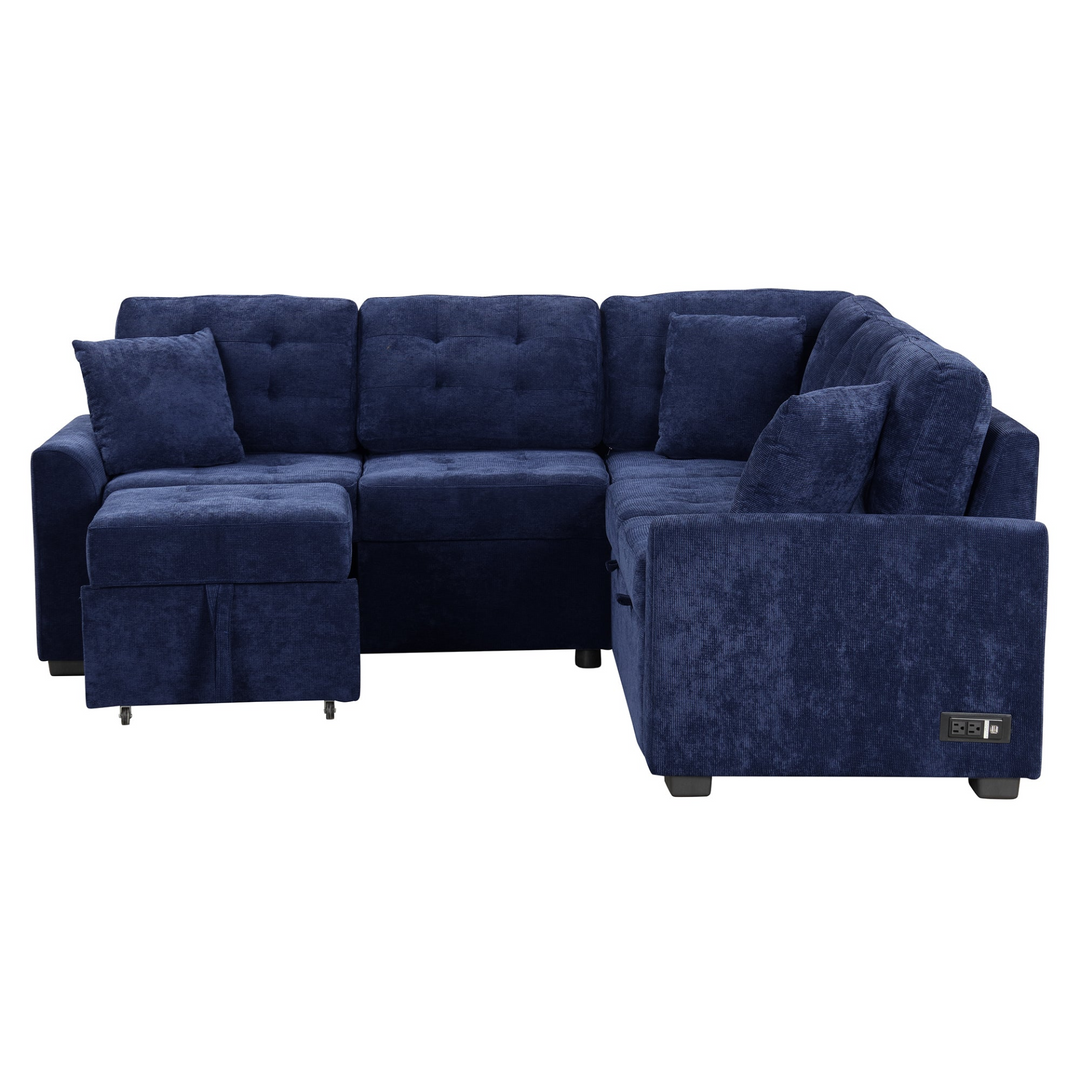 Boho Aesthetic 82.6" L-shape Sofa Bed Pull-out Sleeper Sofa with Wheels, USB Ports, Power Sockets for Living Room, Navy Blue | Biophilic Design Airbnb Decor Furniture 