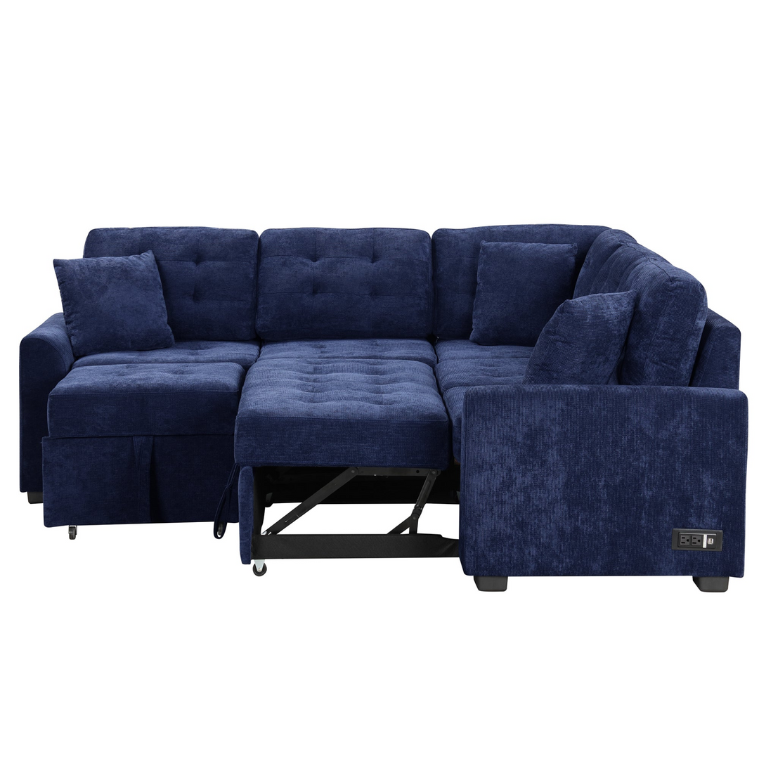 Boho Aesthetic Blue L-shape Sofa Bed Pull-out Sleeper Sofa with Wheels | Biophilic Design Airbnb Decor Furniture 