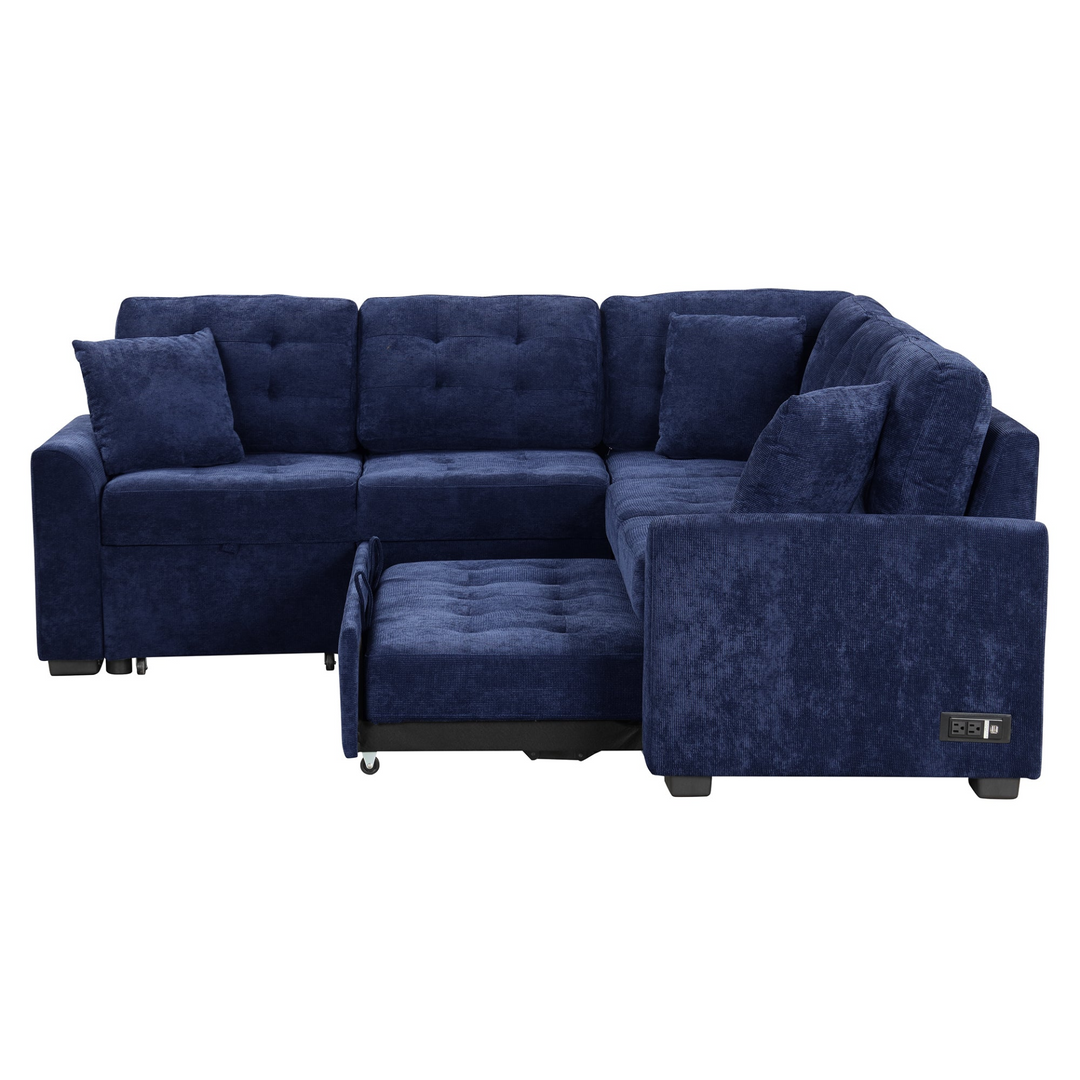 Boho Aesthetic 82.6" L-shape Sofa Bed Pull-out Sleeper Sofa with Wheels, USB Ports, Power Sockets for Living Room, Navy Blue | Biophilic Design Airbnb Decor Furniture 