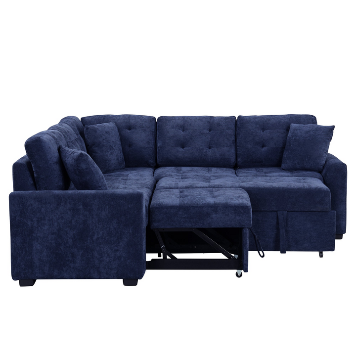 Boho Aesthetic 82.6" L-shape Sofa Bed Pull-out Sleeper Sofa with Wheels, USB Ports, Power Sockets for Living Room, Navy Blue | Biophilic Design Airbnb Decor Furniture 