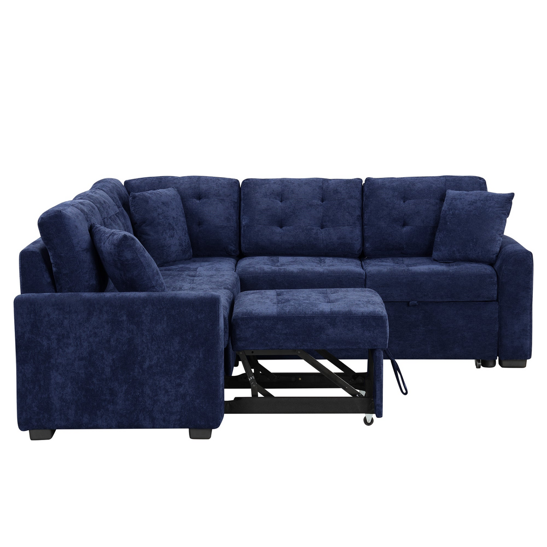 Boho Aesthetic 82.6" L-shape Sofa Bed Pull-out Sleeper Sofa with Wheels, USB Ports, Power Sockets for Living Room, Navy Blue | Biophilic Design Airbnb Decor Furniture 