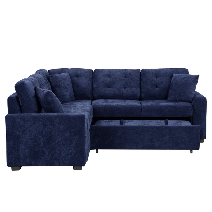 Boho Aesthetic 82.6" L-shape Sofa Bed Pull-out Sleeper Sofa with Wheels, USB Ports, Power Sockets for Living Room, Navy Blue | Biophilic Design Airbnb Decor Furniture 