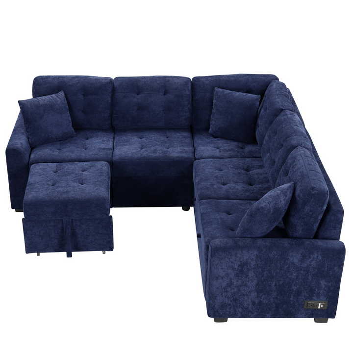 Boho Aesthetic 82.6" L-shape Sofa Bed Pull-out Sleeper Sofa with Wheels, USB Ports, Power Sockets for Living Room, Navy Blue | Biophilic Design Airbnb Decor Furniture 