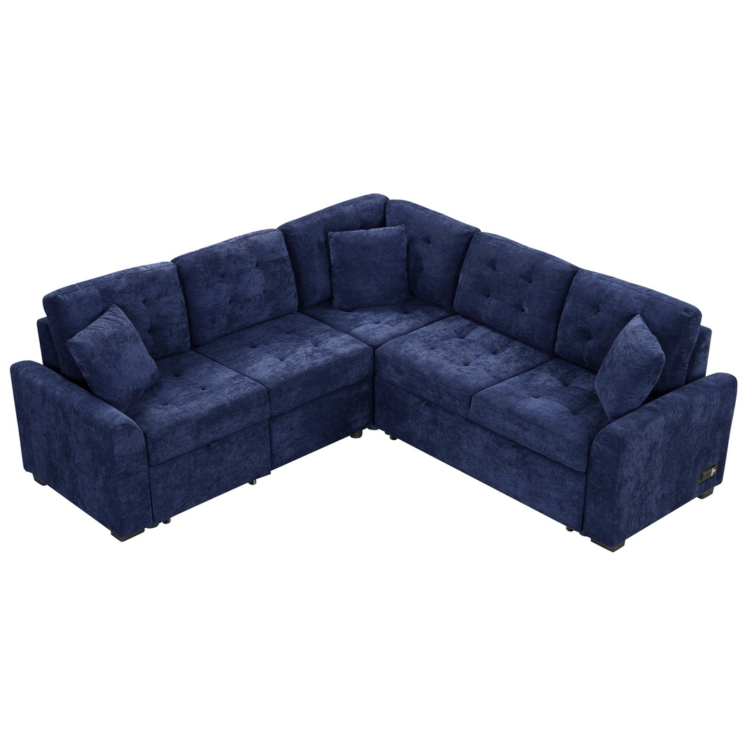 Boho Aesthetic 82.6" L-shape Sofa Bed Pull-out Sleeper Sofa with Wheels, USB Ports, Power Sockets for Living Room, Navy Blue | Biophilic Design Airbnb Decor Furniture 