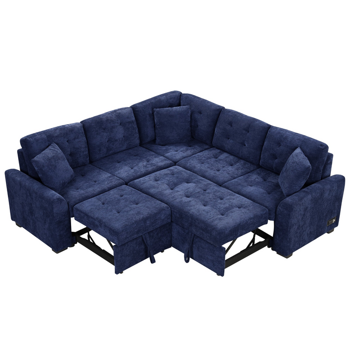 Boho Aesthetic Blue L-shape Sofa Bed Pull-out Sleeper Sofa with Wheels | Biophilic Design Airbnb Decor Furniture 