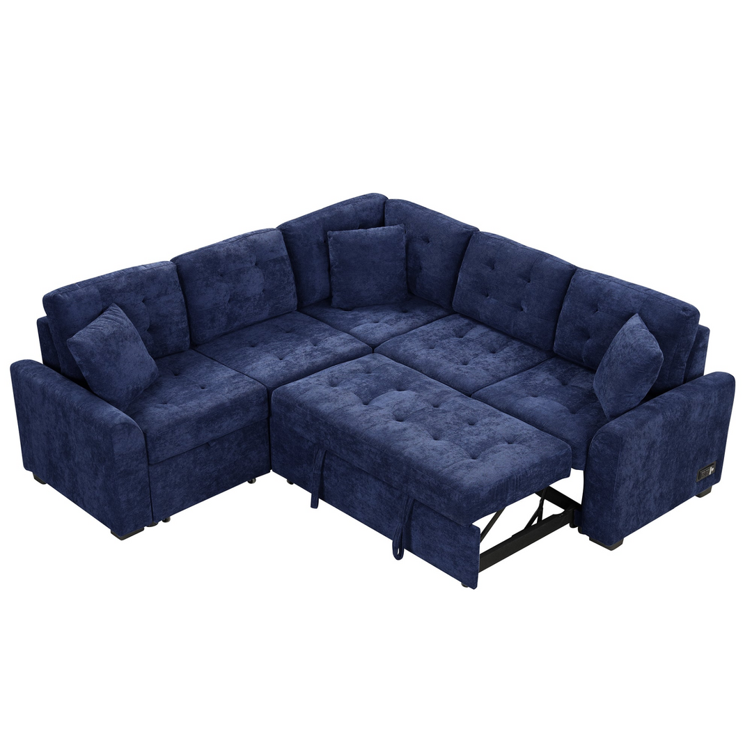 Boho Aesthetic Blue L-shape Sofa Bed Pull-out Sleeper Sofa with Wheels | Biophilic Design Airbnb Decor Furniture 