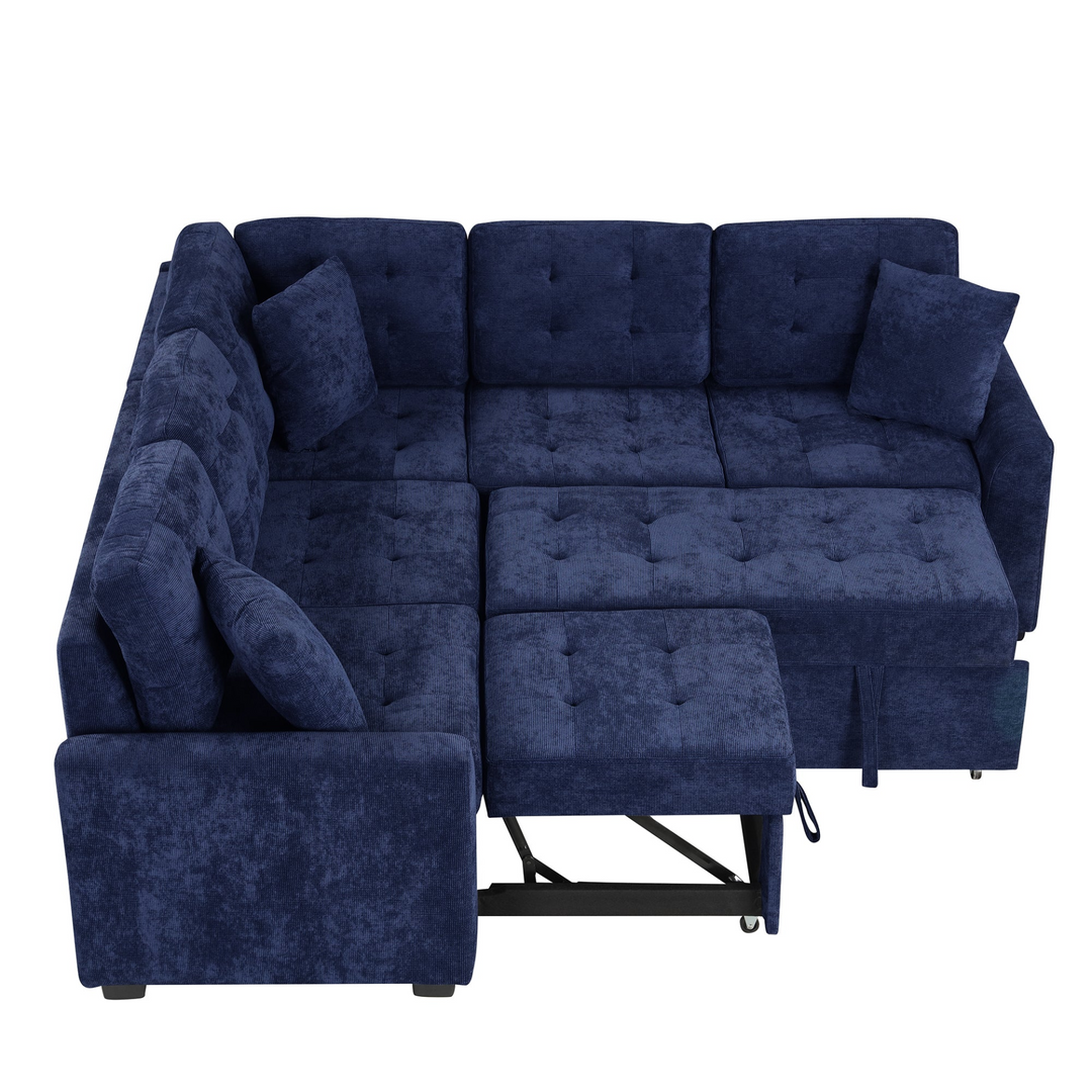 Boho Aesthetic 82.6" L-shape Sofa Bed Pull-out Sleeper Sofa with Wheels, USB Ports, Power Sockets for Living Room, Navy Blue | Biophilic Design Airbnb Decor Furniture 