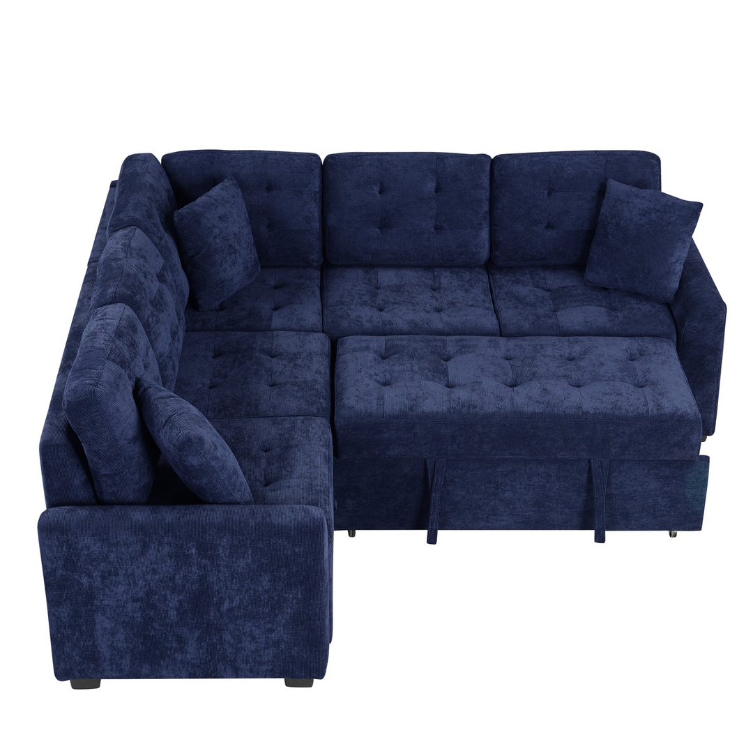 Boho Aesthetic Blue L-shape Sofa Bed Pull-out Sleeper Sofa with Wheels | Biophilic Design Airbnb Decor Furniture 