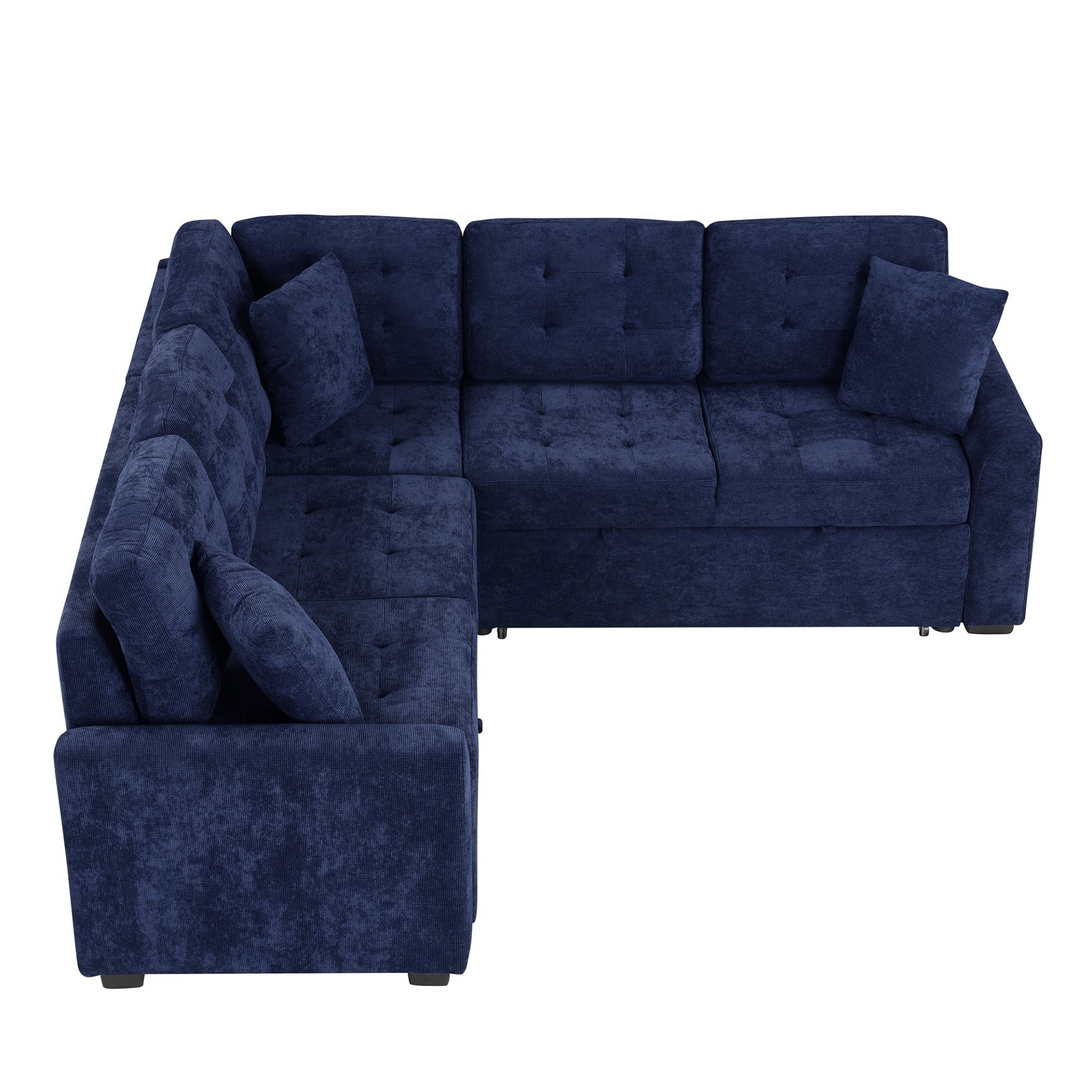 Boho Aesthetic Blue L-shape Sofa Bed Pull-out Sleeper Sofa with Wheels | Biophilic Design Airbnb Decor Furniture 