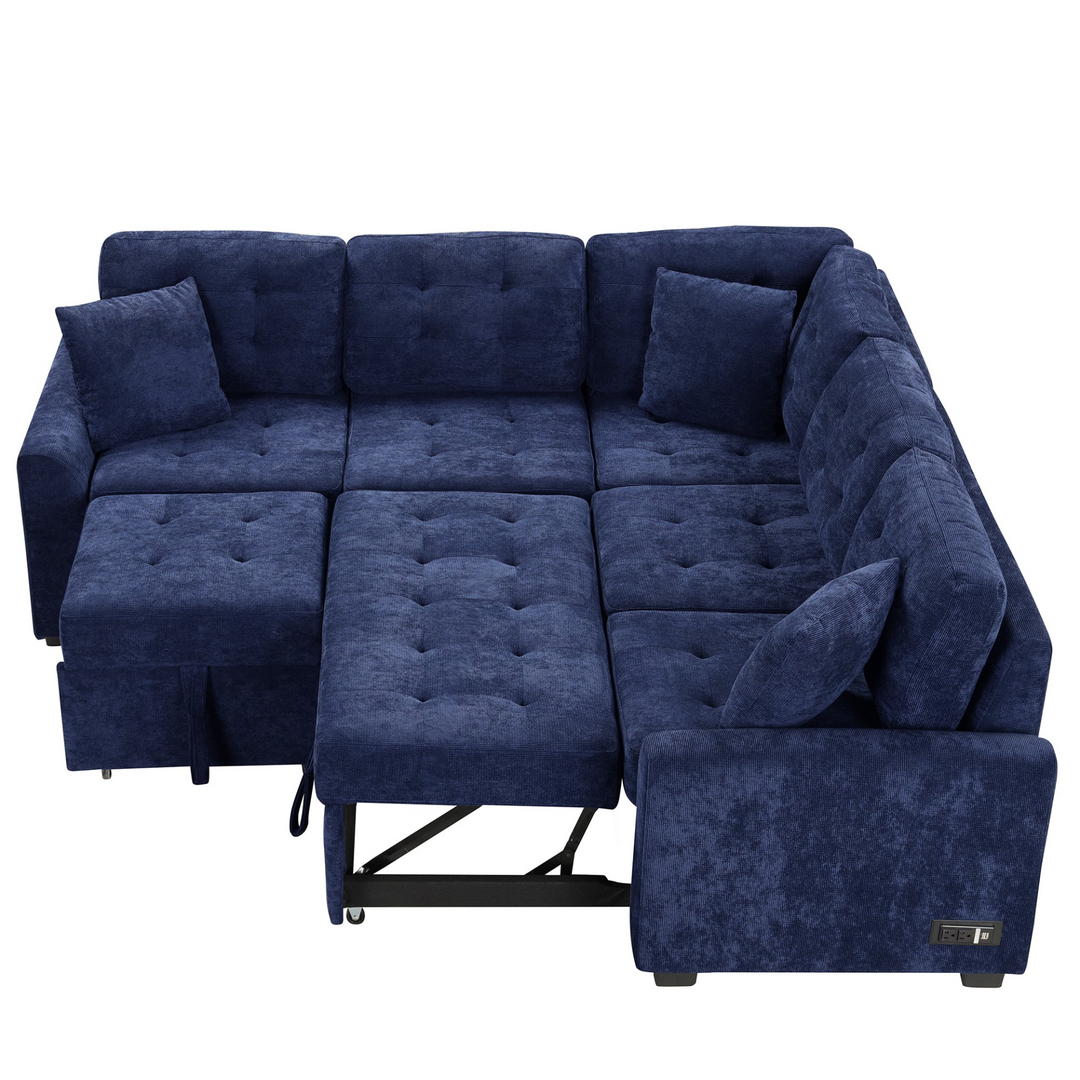 Boho Aesthetic Blue L-shape Sofa Bed Pull-out Sleeper Sofa with Wheels | Biophilic Design Airbnb Decor Furniture 