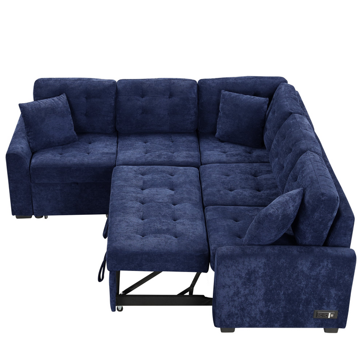 Boho Aesthetic Blue L-shape Sofa Bed Pull-out Sleeper Sofa with Wheels | Biophilic Design Airbnb Decor Furniture 