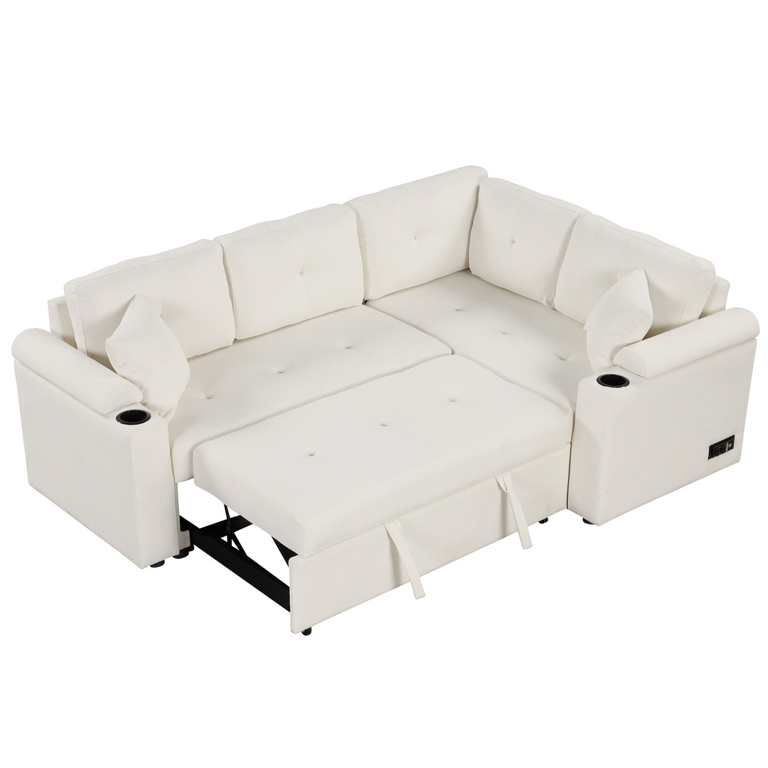 Boho Aesthetic White L-shape Sofa Bed Pull-out Sleeper Sofa with Wheels | Biophilic Design Airbnb Decor Furniture 