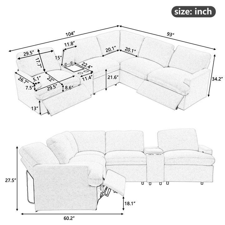 Boho Aesthetic 104'' Power Recliner Corner Sofa Home Theater Reclining Sofa Sectional Couches with Storage Box, Cup Holders, USB Ports and Power Socket for Living Room, Beige | Biophilic Design Airbnb Decor Furniture 