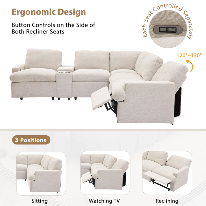Boho Aesthetic 104'' Power Recliner Corner Sofa Home Theater Reclining Sofa Sectional Couches with Storage Box, Cup Holders, USB Ports and Power Socket for Living Room, Beige | Biophilic Design Airbnb Decor Furniture 