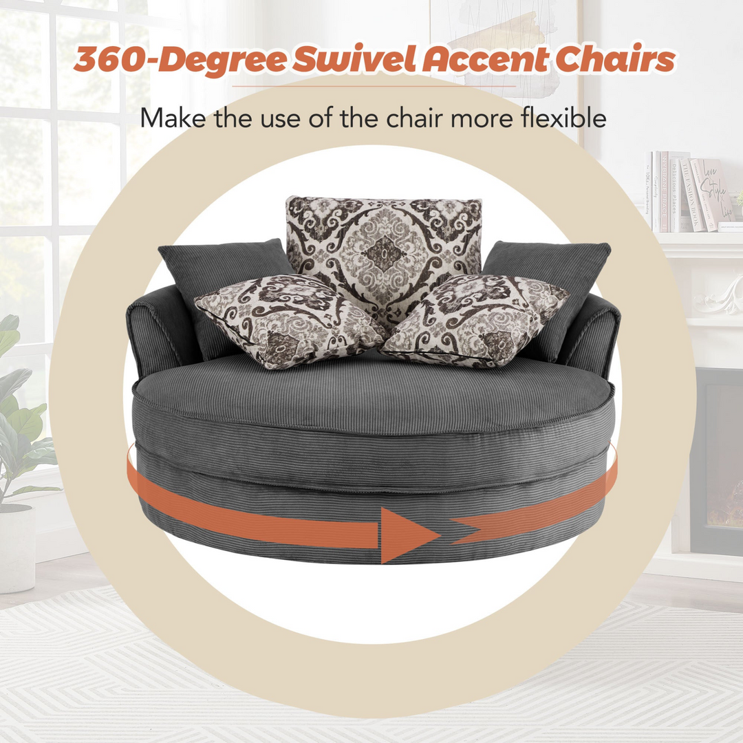 Boho Aesthetic Swivel Accent Barrel Chair with 5 Movable Pillow 360 Degree Swivel Round Sofa Chair for Living Room,Bedroom, Hotel, Grey | Biophilic Design Airbnb Decor Furniture 