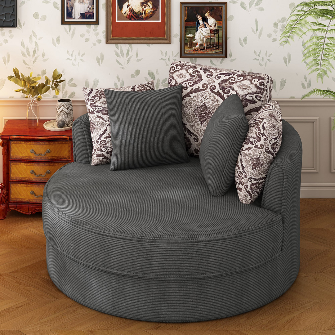 Boho Aesthetic Swivel Accent Barrel Chair with 5 Movable Pillow 360 Degree Swivel Round Sofa Chair for Living Room,Bedroom, Hotel, Grey | Biophilic Design Airbnb Decor Furniture 