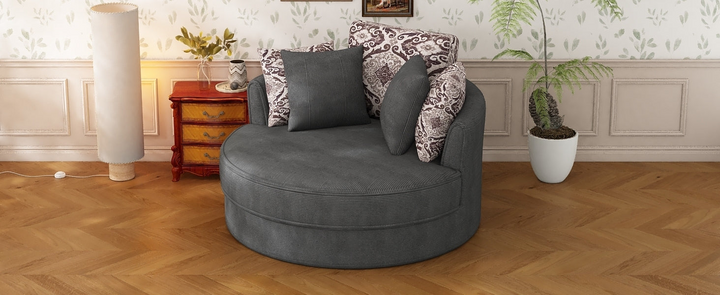 Boho Aesthetic Swivel Accent Barrel Chair with 5 Movable Pillow 360 Degree Swivel Round Sofa Chair for Living Room,Bedroom, Hotel, Grey | Biophilic Design Airbnb Decor Furniture 