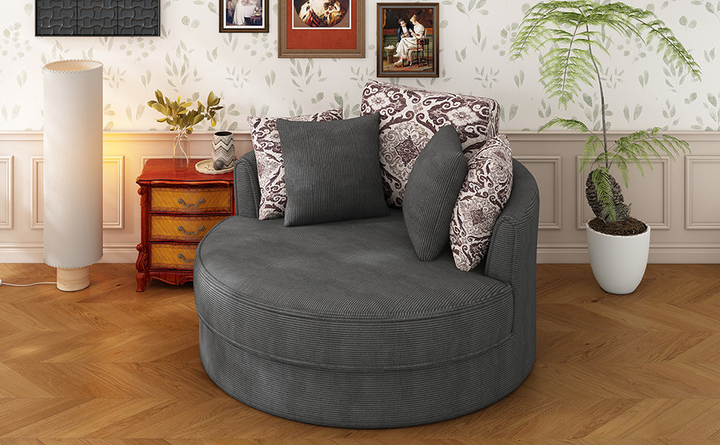 Boho Aesthetic Swivel Accent Barrel Chair with 5 Movable Pillow 360 Degree Swivel Round Sofa Chair for Living Room,Bedroom, Hotel, Grey | Biophilic Design Airbnb Decor Furniture 