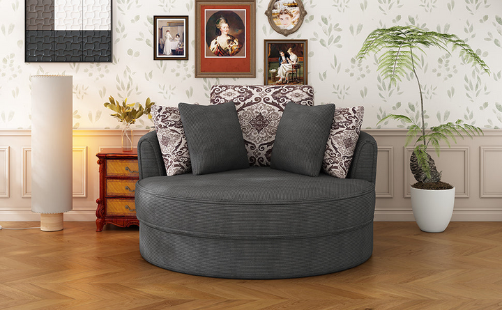 Boho Aesthetic Swivel Accent Barrel Chair with 5 Movable Pillow 360 Degree Swivel Round Sofa Chair for Living Room,Bedroom, Hotel, Grey | Biophilic Design Airbnb Decor Furniture 