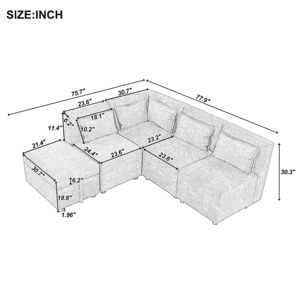 Boho Aesthetic Free-Combined Sectional Sofa 5-seater Modular Couches with Storage Ottoman, 5 Pillows for Living Room, Bedroom, Office, Cream | Biophilic Design Airbnb Decor Furniture 