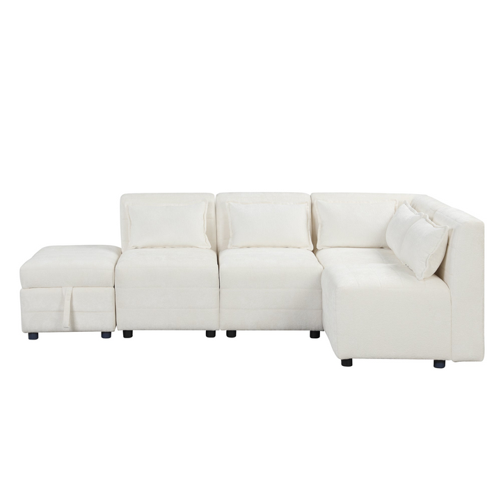 Boho Aesthetic Free-Combined Sectional Sofa 5-seater Modular Couches with Storage Ottoman, 5 Pillows for Living Room, Bedroom, Office, Cream | Biophilic Design Airbnb Decor Furniture 