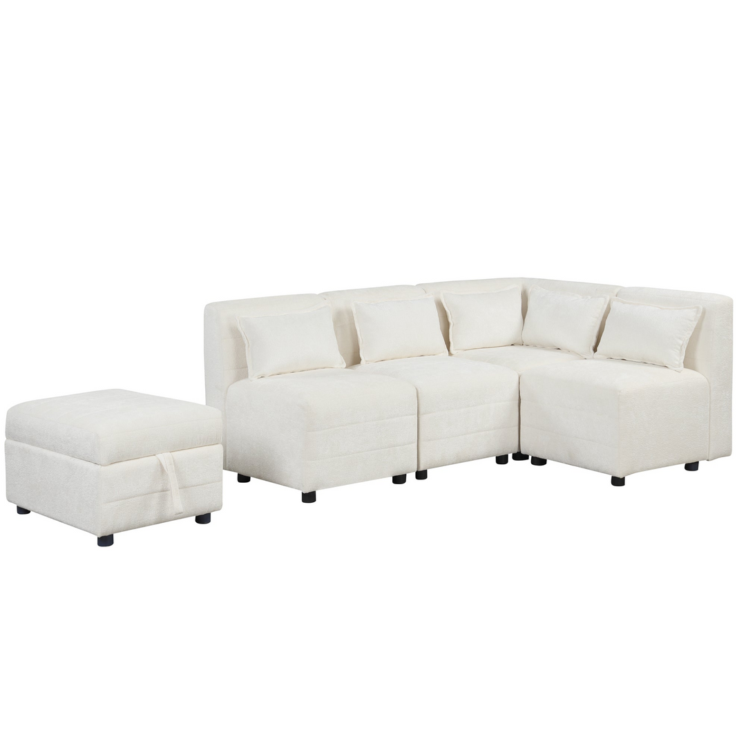 Boho Aesthetic Free-Combined Sectional Sofa 5-seater Modular Couches with Storage Ottoman, 5 Pillows for Living Room, Bedroom, Office, Cream | Biophilic Design Airbnb Decor Furniture 