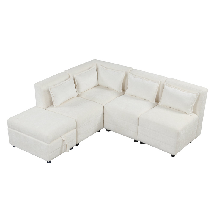 Boho Aesthetic Free-Combined Sectional Sofa 5-seater Modular Couches with Storage Ottoman, 5 Pillows for Living Room, Bedroom, Office, Cream | Biophilic Design Airbnb Decor Furniture 