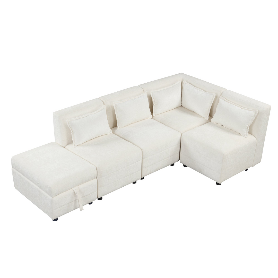 Boho Aesthetic Free-Combined Sectional Sofa 5-seater Modular Couches with Storage Ottoman, 5 Pillows for Living Room, Bedroom, Office, Cream | Biophilic Design Airbnb Decor Furniture 