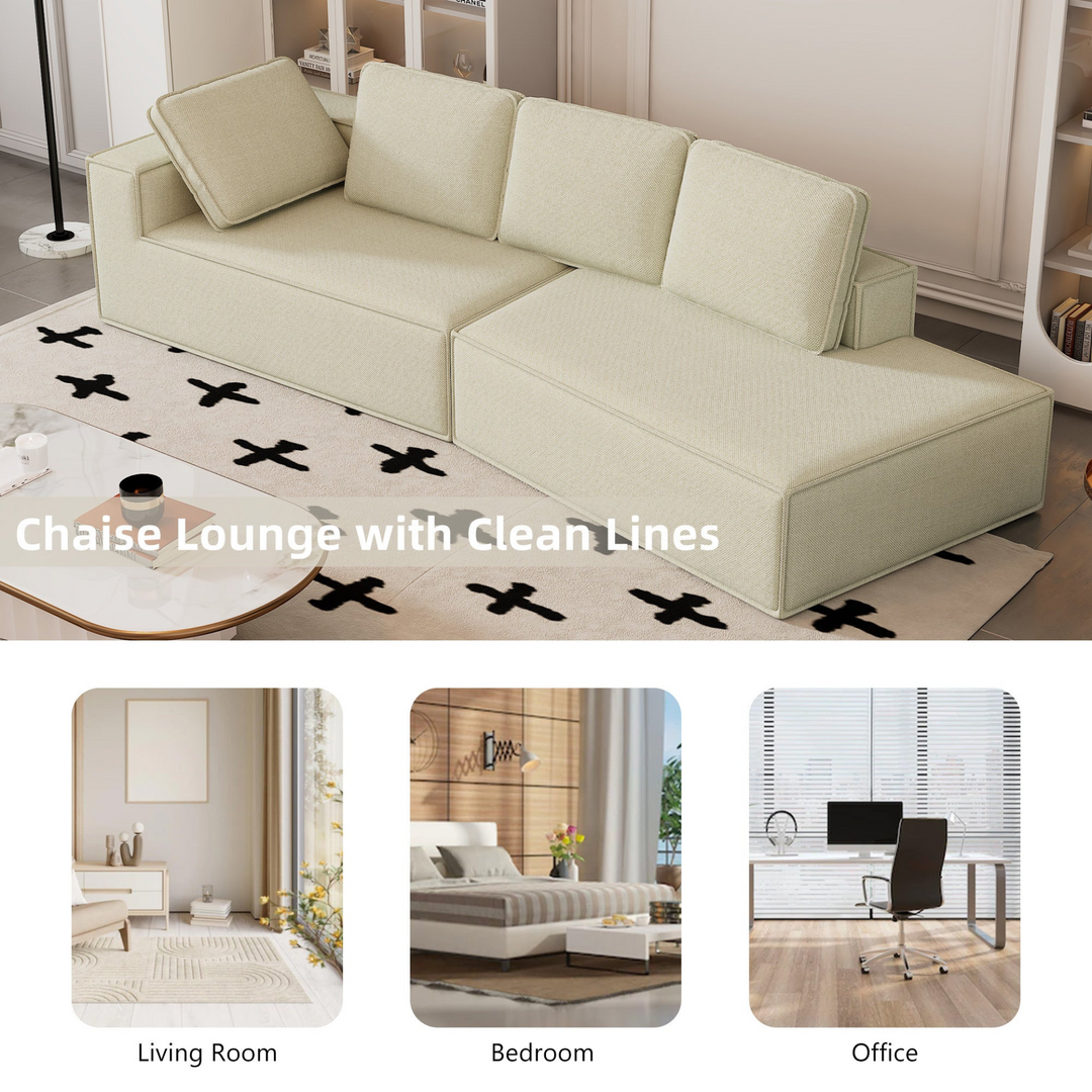 Boho Aesthetic 125" Stylish Chaise Lounge Modern Indoor Lounge Sofa Sleeper Sofa with Clean Lines for Living Room, Beige | Biophilic Design Airbnb Decor Furniture 