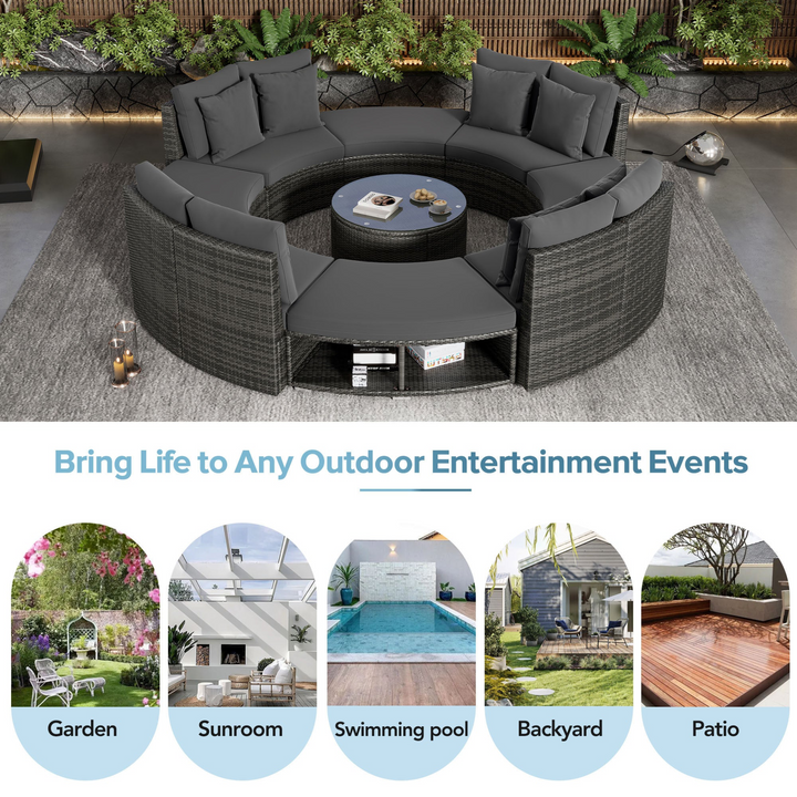 Boho Aesthetic 9-Piece Outdoor Patio Furniture Luxury Circular Outdoor Sofa Set Rattan Wicker Sectional Sofa Lounge Set with Tempered Glass Coffee Table, 6 Pillows, Grey | Biophilic Design Airbnb Decor Furniture 