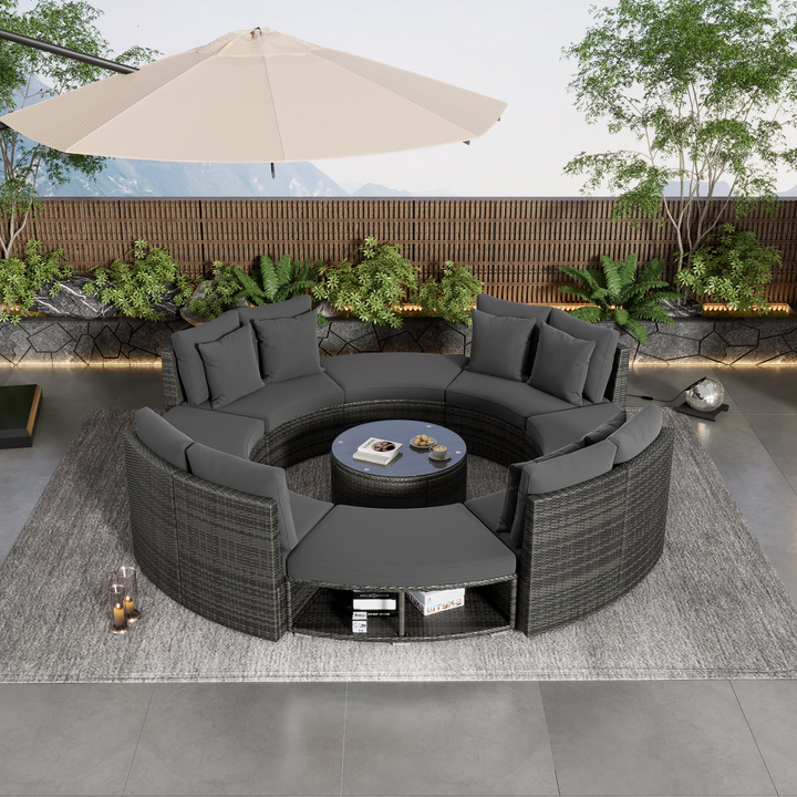 Boho Aesthetic 9-Piece Outdoor Patio Furniture Luxury Circular Outdoor Sofa Set Rattan Wicker Sectional Sofa Lounge Set with Tempered Glass Coffee Table, 6 Pillows, Grey | Biophilic Design Airbnb Decor Furniture 
