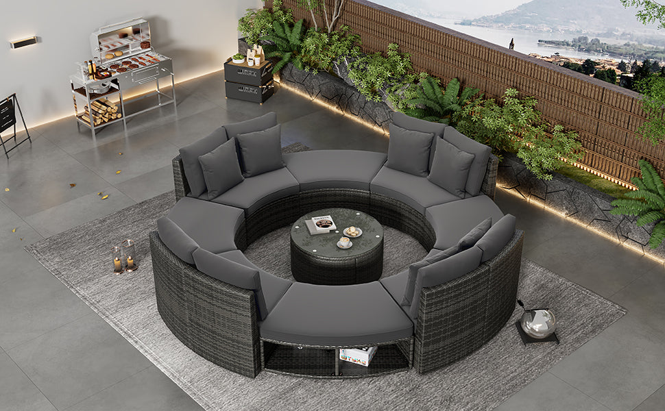 9-Piece Outdoor Patio Furniture Luxury Circular Outdoor Sofa Set Rattan Wicker Sectional Sofa Lounge Set with Tempered Glass Coffee Table, 6 Pillows, Grey