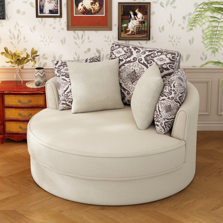 Boho Aesthetic Swivel Accent Barrel Chair with 5 Movable Pillow 360 Degree Swivel Round Sofa Chair for Living Room,Bedroom, Hotel, Beige | Biophilic Design Airbnb Decor Furniture 