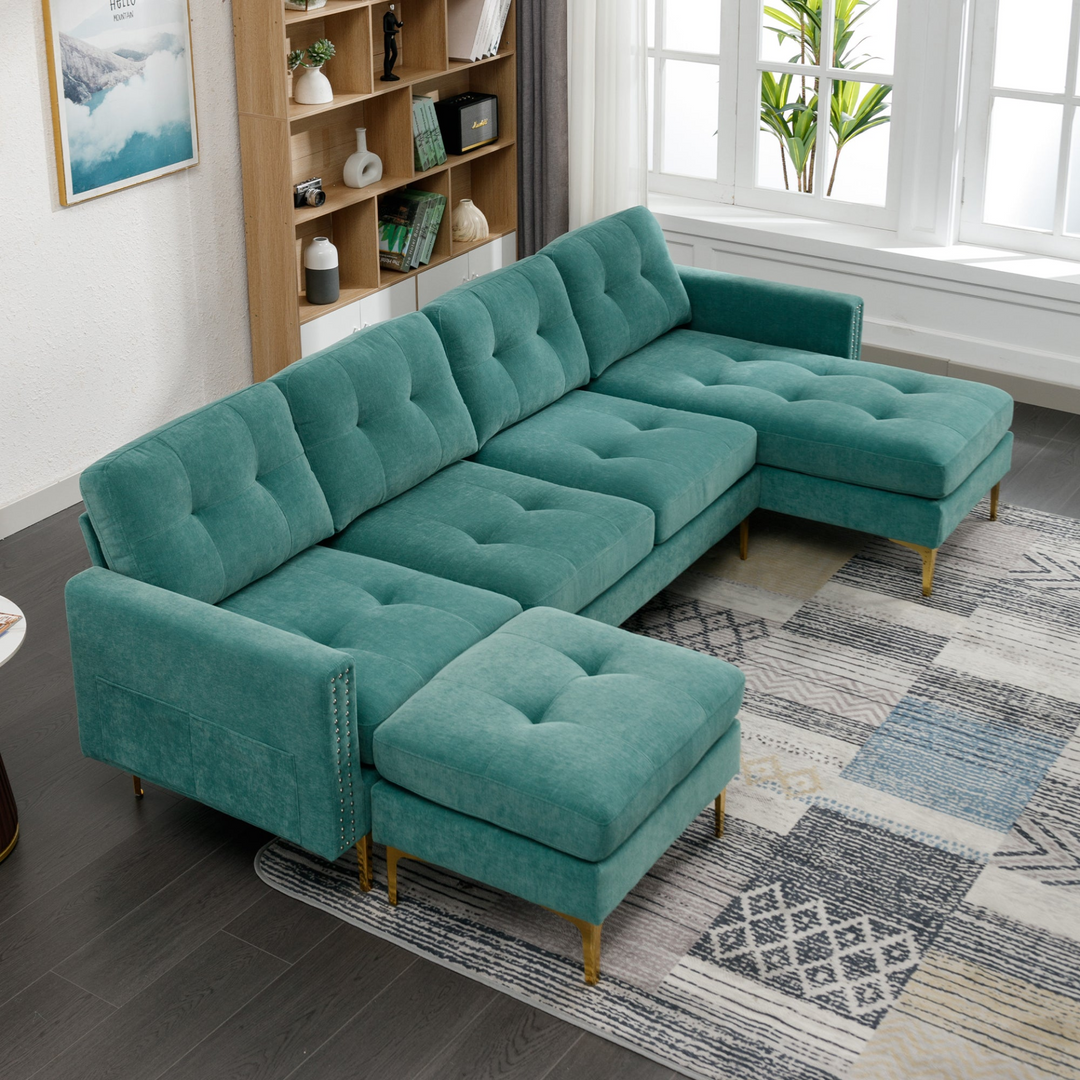 Boho Aesthetic 110" L-Shape Convertible Sectional Sofa Couch with Movable Ottoman for Living Room, Apartment, Office, Green | Biophilic Design Airbnb Decor Furniture 