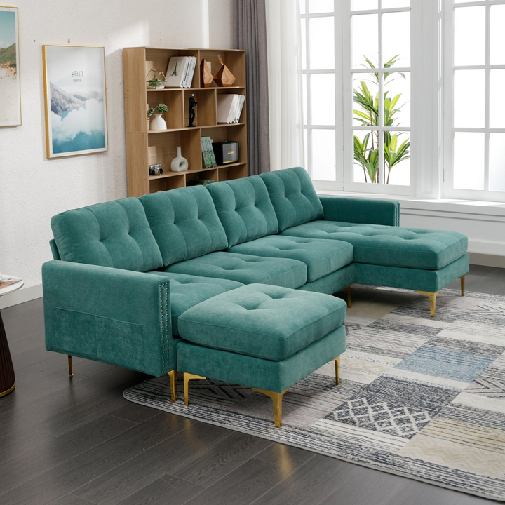 Boho Aesthetic 110" L-Shape Convertible Sectional Sofa Couch with Movable Ottoman for Living Room, Apartment, Office, Green | Biophilic Design Airbnb Decor Furniture 