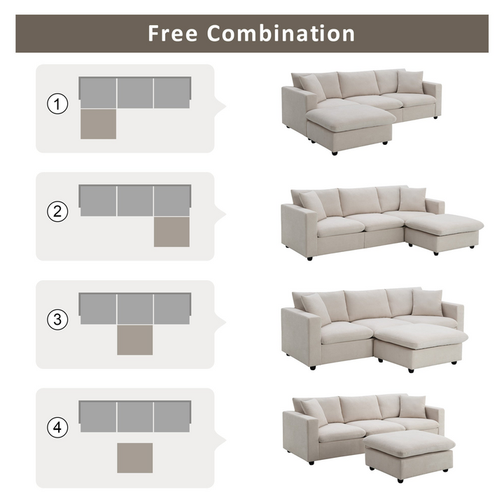 Boho Aesthetic 100.4*64.6" Modern Sectional Sofa,L-shaped Couch Set with 2 Free pillows,4-seat Polyester Fabric Couch Set with Convertible Ottoman for Living Room, Apartment, Office,4 Colors | Biophilic Design Airbnb Decor Furniture 
