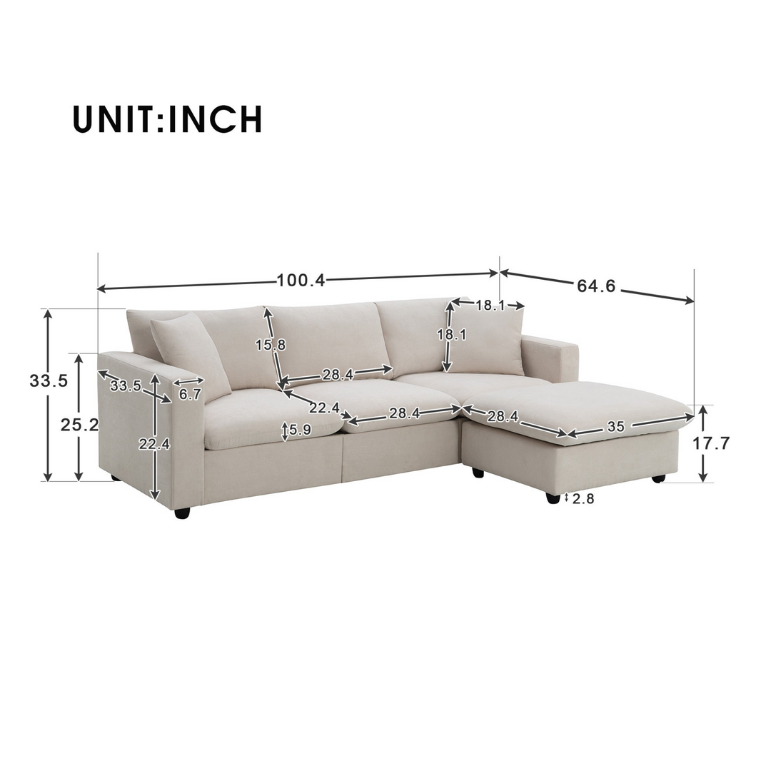Boho Aesthetic 100.4*64.6" Modern Sectional Sofa,L-shaped Couch Set with 2 Free pillows,4-seat Polyester Fabric Couch Set with Convertible Ottoman for Living Room, Apartment, Office,4 Colors | Biophilic Design Airbnb Decor Furniture 