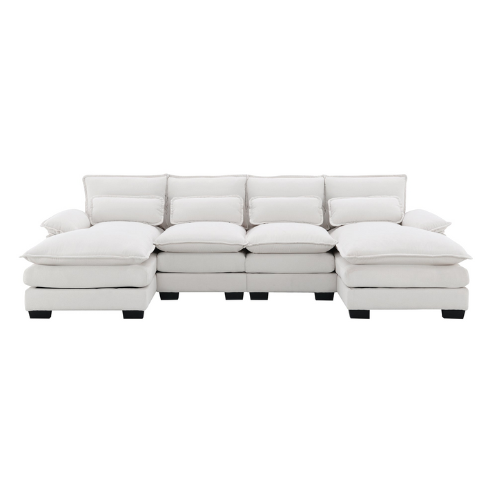 Boho Aesthetic The Dove | Large White Modern Upholstered  U-shaped Sectional Sofa with Waist Pillows | Biophilic Design Airbnb Decor Furniture 
