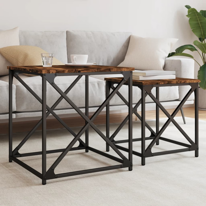 Boho Aesthetic Smoked Oak Wood Nesting Coffee Tables 2 pcs | Biophilic Design Airbnb Decor Furniture 