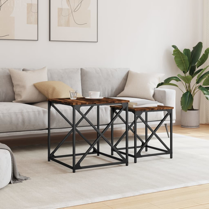 Boho Aesthetic Smoked Oak Wood Nesting Coffee Tables 2 pcs | Biophilic Design Airbnb Decor Furniture 