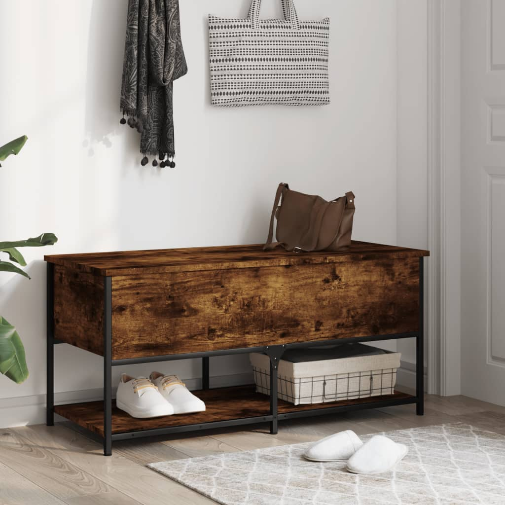 Boho Aesthetic Wood Storage Bench Smoked Oak 39.4"x16.7"x18.5" | Biophilic Design Airbnb Decor Furniture 
