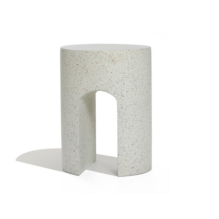 Boho Aesthetic Mod Ivory White Cement Round with U-Shape Outdoor Side Table | Biophilic Design Airbnb Decor Furniture 