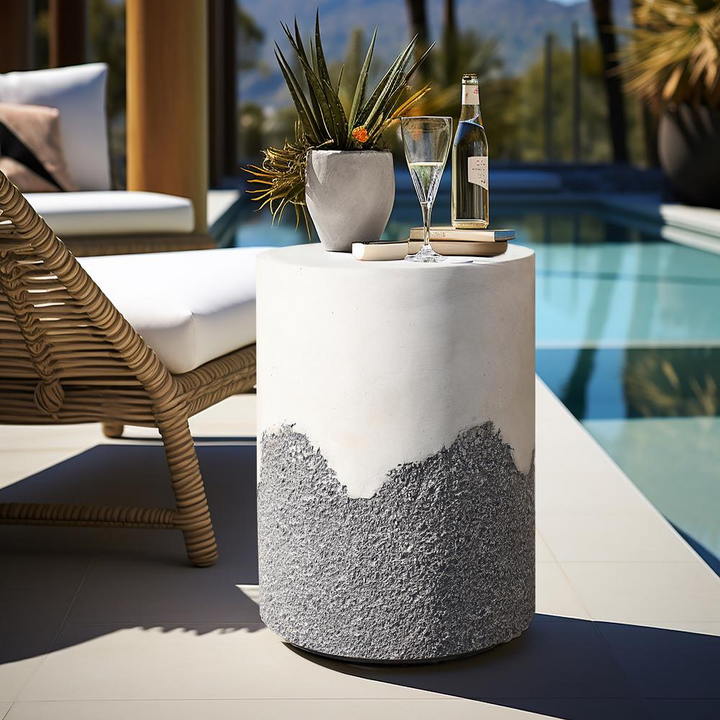 Boho Aesthetic Gray and White Cement Round Outdoor Side Table | Biophilic Design Airbnb Decor Furniture 