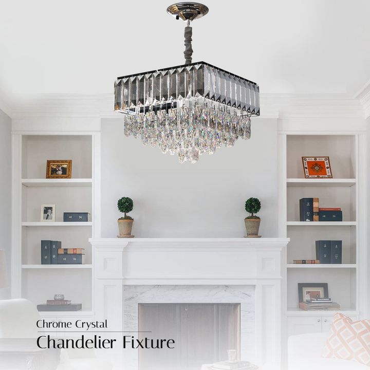 Boho Aesthetic Crystal Chrome Rectangular Droplet Ceiling Living Room Chandelier  ~5426 | Biophilic Design Airbnb Decor Furniture 