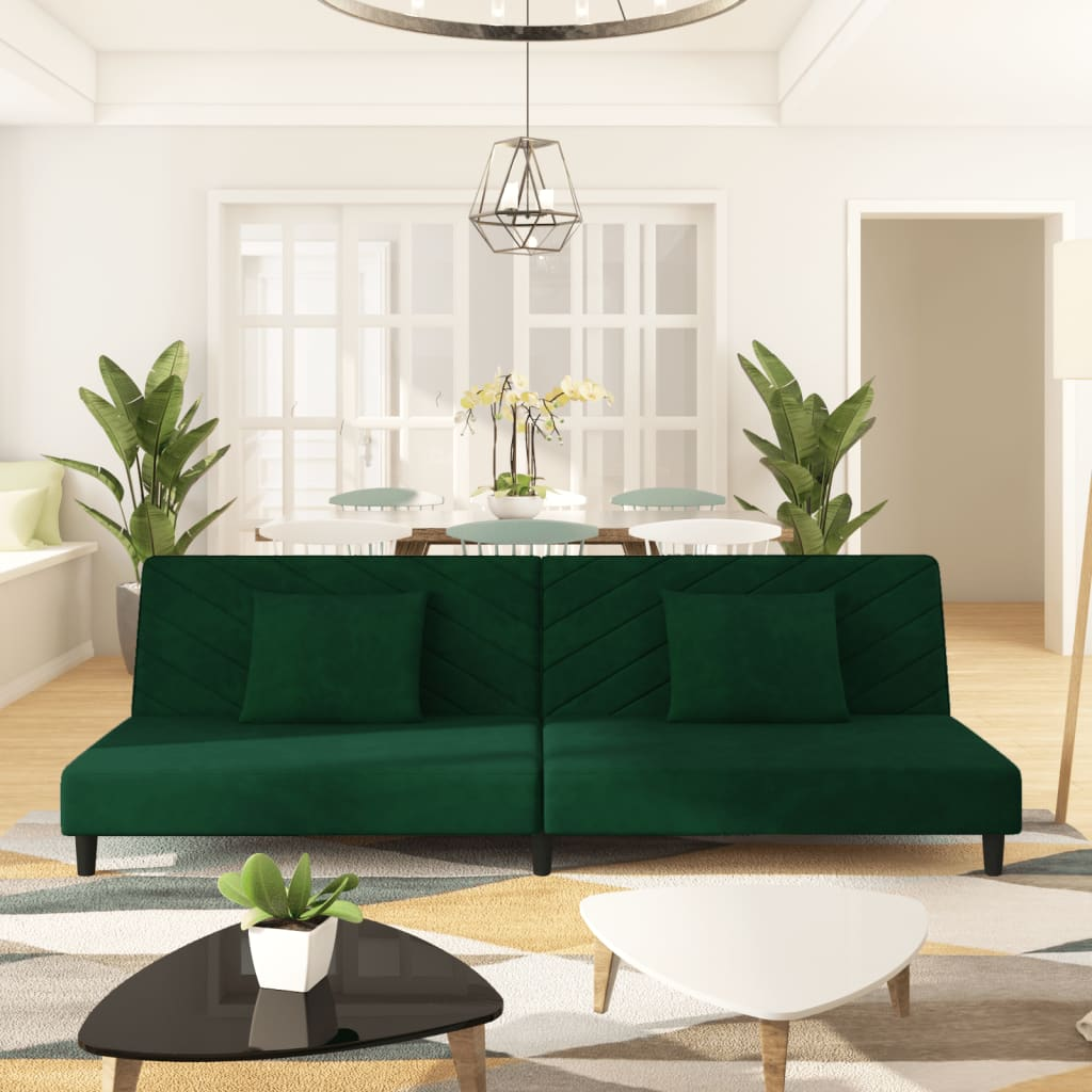 Boho Aesthetic 2-Seater Sofa Bed with Two Pillows Dark Green Velvet | Biophilic Design Airbnb Decor Furniture 