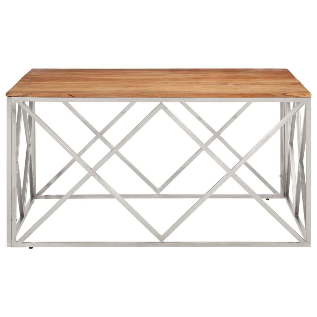 Boho Aesthetic Silver Stainless Steel and Solid Acacia Wood Coffee Table | Biophilic Design Airbnb Decor Furniture 