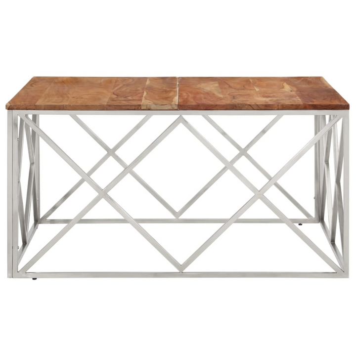Boho Aesthetic Silver Stainless Steel and Solid Acacia Wood Coffee Table | Biophilic Design Airbnb Decor Furniture 